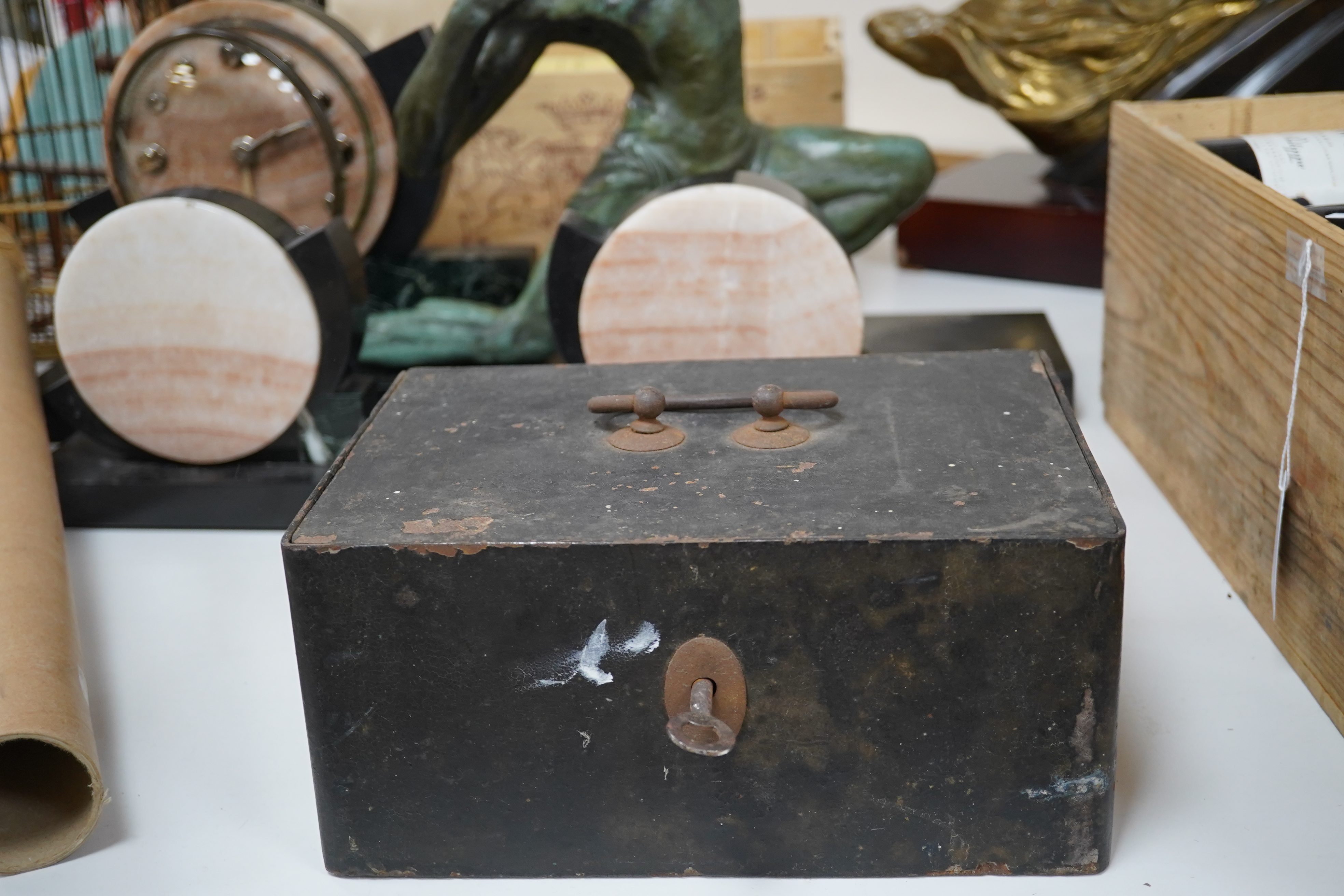 A 19th century strongbox with key, 26cm wide. Condition - worn but working